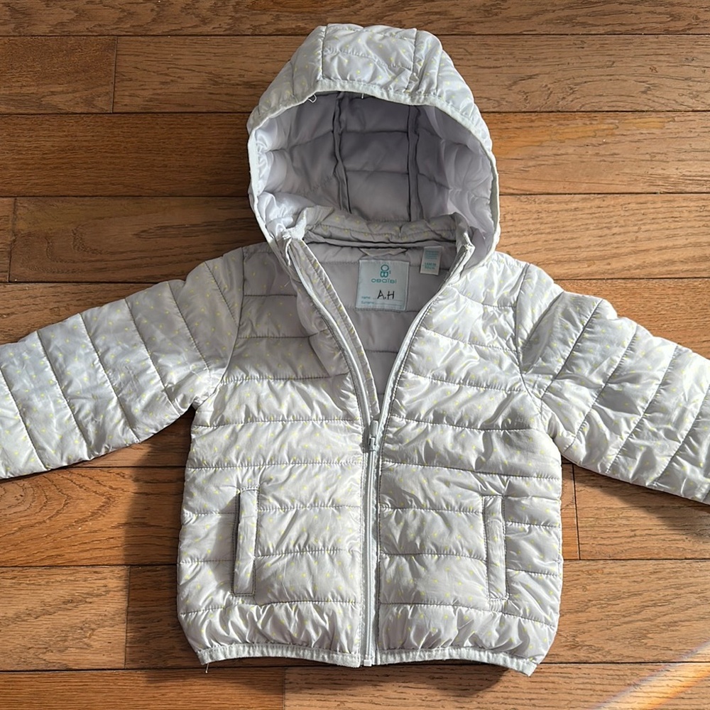 Obaibi Light Gray yellow polka dots Quilted Hooded Jacket designed in France 18M